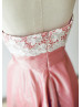 Strapless Ivory Lace Coral Taffeta Short Prom Dress
